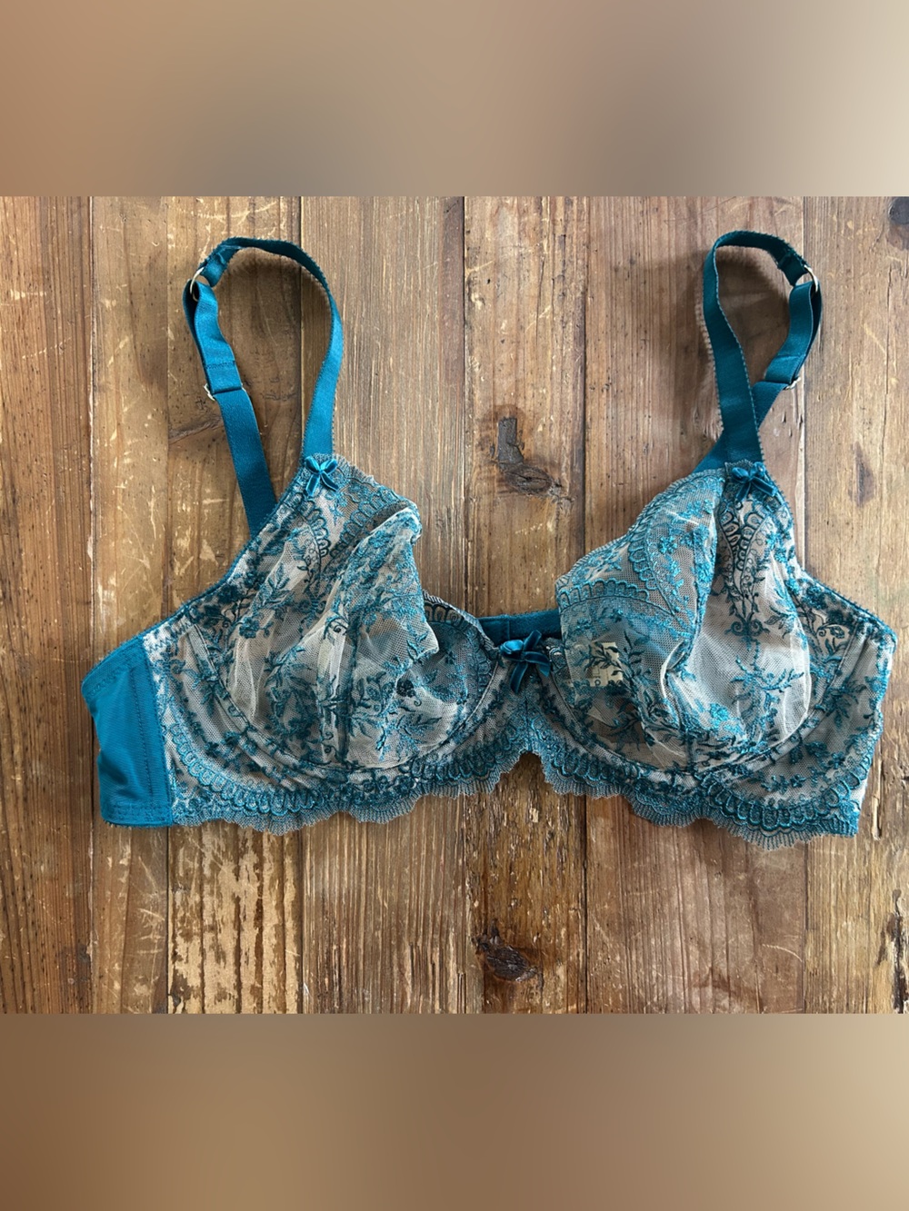 Teal Sheer Lace Embroidered Underwire Bra